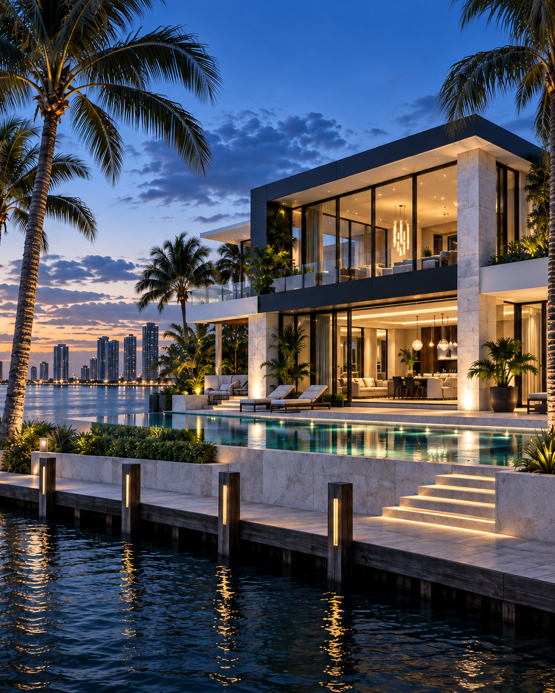 Illustrative AI-generated luxury waterfront home at twilight